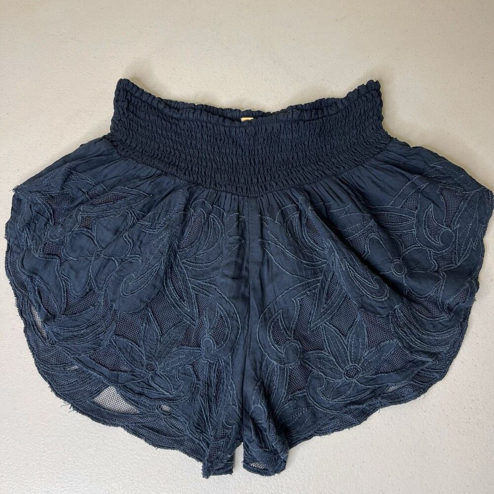Free People Embroidered Floral Shorts Small Navy Blue Pull On Boho Festival